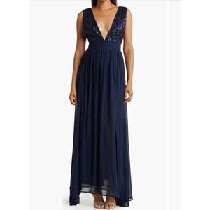 Love By Design Women's Daphne Sequin Top V-Plunge‎ Maxi Dress Size Medium Blue